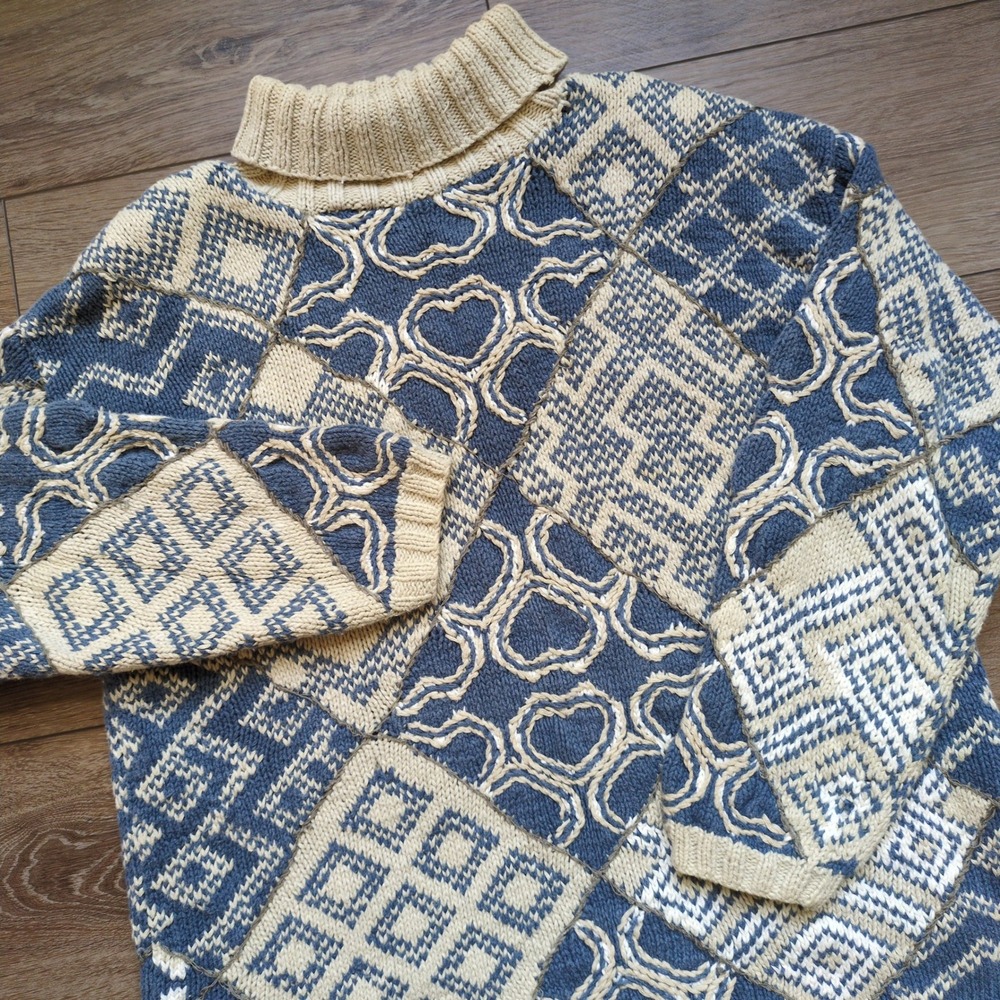 Vtg Express Tricot Hand Knit Sweater Blue Tan Heart Geometric Cozy Grandmacore M